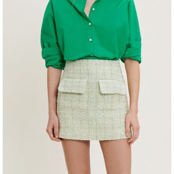 Maje Shiny Tweed Skirt Green Metallic Mini Cotton Blend Size 36 Small $295 - Picture 1 of 7